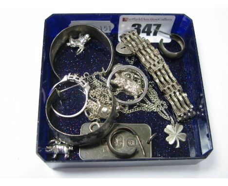 A Hallmarked Silver Ingot Pendant, a bracelet with heart shape padlock style clasp, novelty charm pendants, hoop earrings, et