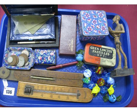 A Conway Steward 'Dinkie' Pen with 14k Nib, geometry set, Rabone rule, carved wood figure, enamelled Chinese box etc:- One Tr