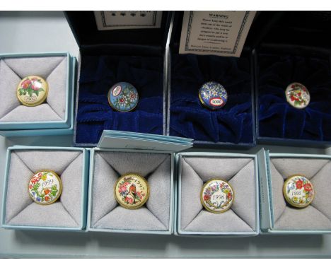 Eight Halcyon Days Circular Enamel 'Year' Trinket Boxes, 1994, 1995, 1996, 1997, 1999, 2000, 2001 and 2002, each 2.4cm diamet