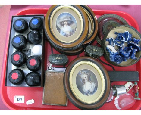 'Ink' and 'Light' Green Reptile Skin Effect Covered Wells, Razor, four portrait miniatures, carpet bowls, etc:- One Tray