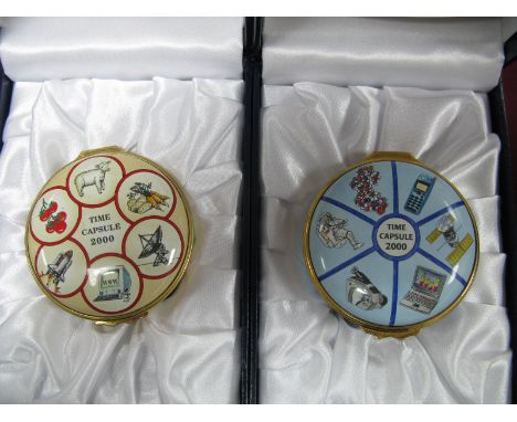 Two Halcyon Days Enamel Millenium 2000 Time Capsule Trinket Boxes, limited edition No. 368/5000 and No. 830, each 6cm diamete
