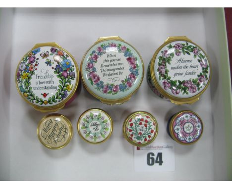Three Halcyon Days Enamel Trinket Boxes, each with motto, including 'Absence Makes the Heart Grow Fonder', 'Friendship is Lov