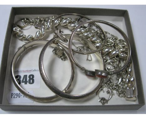 A Selection of "925" and Other Modern Bracelets, bangles and a belcher link chain, including a dolphin link bracelet, a snake