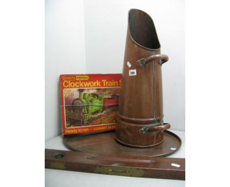 Oval Copper Tray, 53cm wide, copper coal scuttle, Rabone spirit level. Hornby RS 691 Clockwork Goods Set.