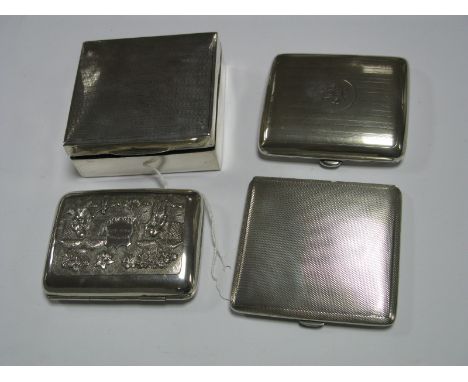 A Square Hallmarked Silver Cigarette Box, with engine turned lid; allover decorated Indian style cigarette case "P Cropper Es