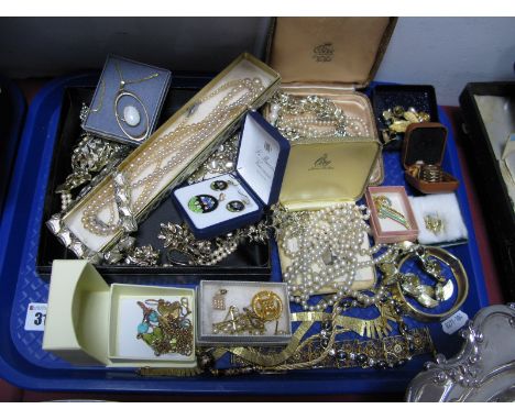 A Selection of Imitation Pearl Bead Necklaces, together with gilt coloured costume jewellery including a panel style bracelet