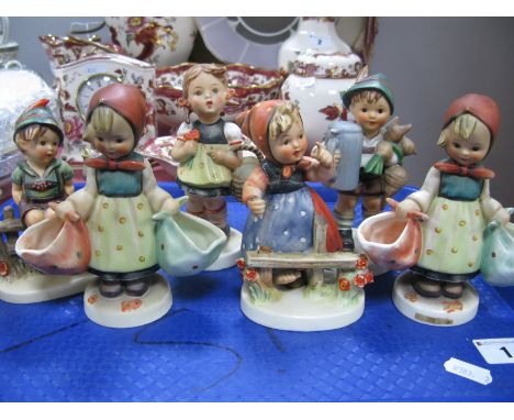 Hummel Pottery Figures, two Mothers Darling, 14cm high, Liederhoson Boy, Girl With Basket, two other with damage. (6)