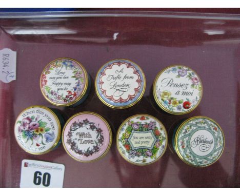 Seven Halcyon Days Enamel Trinket Boxes, each with a motto, including 'A Trifle from London', 'Blessings', 'When You See This