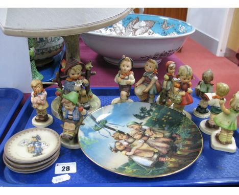 Hummel Pottery Figures, (9) including 'Honor Student', 'Forever Yours', 'Pigtails', flower picker table lamp, four pin trays 