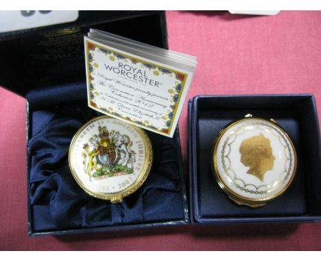 A Royal Worcester 'Golden Jubilee 2002' Coronation Round Box, with certificate and a Royal Worcester "QEII 60th Anniversary" 
