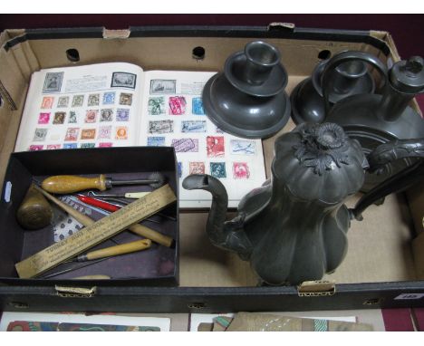 TINN NORGE Pewter Candlesticks, pewter ewer and coffee pot, darning cone, 'The Errimar Globe Trotter Stamp Album", etc.