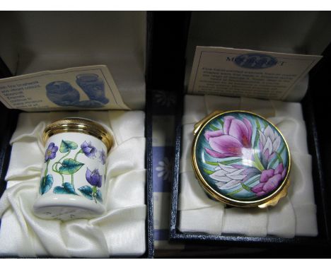 A Moorcroft Enamel Trinket Pot, of cylindrical form with hinged lid and painted in the Purple Haze pattern and a further Moor