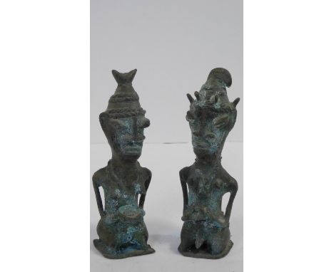 Two Ashanti bronze seated figures with tribal head dresses. H.15cm 