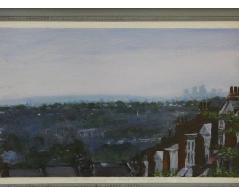 Terence Howe (B.1943) a framed oil on panel, A View of the City from Muswell Hill, signed and dated 2016. H.59.5xW.87cm 