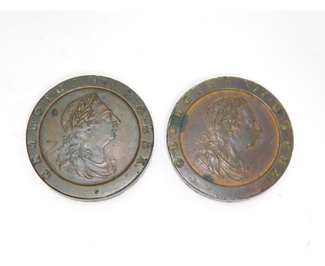 Two George III bronze cartwheel pennies, 1797. One side with George III with laurel wreath and the other with Britannia on he