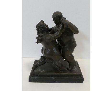 After Fernando Botero, a bronze figure group, mid century Continental, couple doing the Tango on a grey veined marble base. S