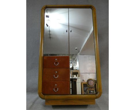 A vintage mirrored door and teak wardrobe in the Art Deco style with interior fitted with drawers and shelves. H.157,5xW.90xL