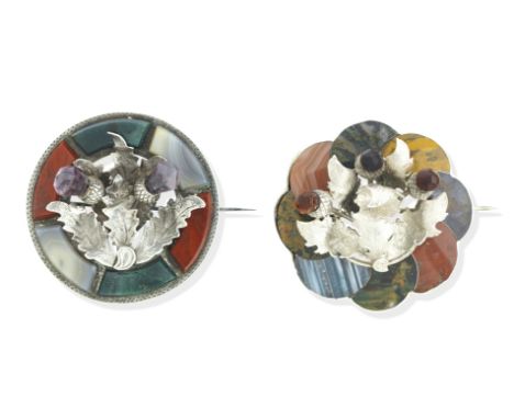 TWO SILVER GEM-SET AND HARDSTONE BROOCHES, VICTORIANThe first: Of open circular form applied with thistle spray with amethyst