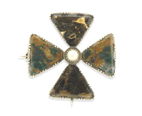 A PEARL AND HARDSTONE BROOCH/PENDANT, VICTORIANIn the form of a Maltese cross set to the centre with a pearl and inlaid with 