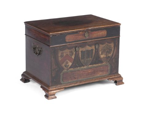 A RARE SCOTTISH GEORGE III PAINTED MAHOGANY MONEY CHEST, DATED 15TH JULY 1768The hinged top and lockable frieze above a furth