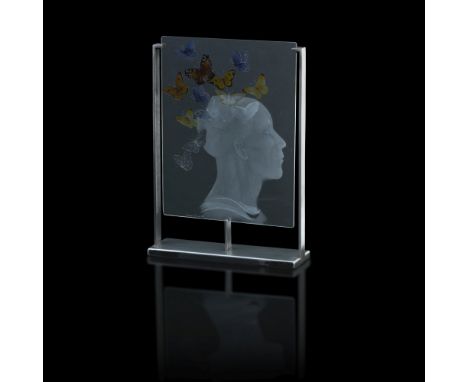 Alison Kinnaird MBE (British, born 1949)The Poet, an engraved glass plaque, decorated with a female head in profile below a n