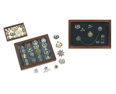 A COLLECTION OF SCOTTISH REGIMENTAL CAP BADGESPredominantly regarding The Cameronians (Scottish Rifles), in three box frames;
