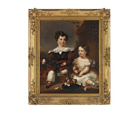 English School, circa 1837Portrait of two children said to be John and Christina Ramsay with their dog oil on canvas106.8 x 8