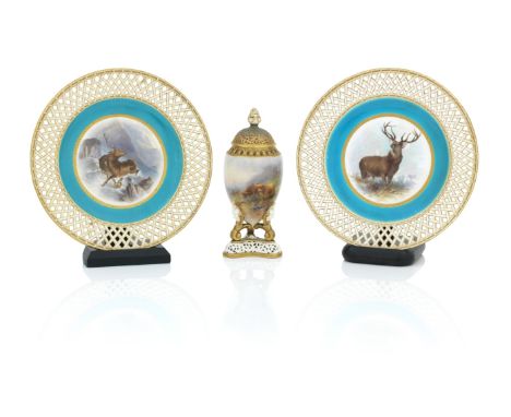 A ROYAL WORCESTER POT POURRI AND COVERBy Harry Davis, 1909Painted with highland cattle, 20cm high; together with a pair of Mi