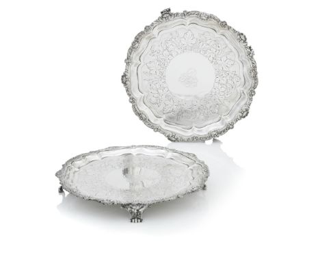 A PAIR OF SCOTTISH SILVER SALVERSBy David Crichton Rait, Glasgow 1824, Each engraved with central crest enclosed by a leaf de