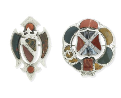 TWO SILVER AND HARDSTONE BROOCHES, VICTORIANThe first: An engraved garter brooch enclosing a shield inlaid with banded agate 