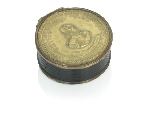 CULLODEN INTEREST: COMMEMORATIVE BRASS AND BOIS DURE SNUFF BOXOf circular form, the hinged cover with embossed brass portrait