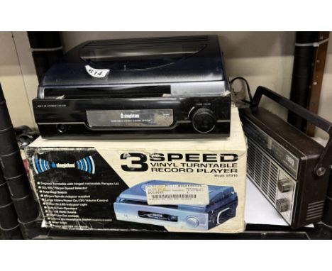 An as new boxed Steepletone 3 speed vinyl turntable record player &amp; A Pye radio