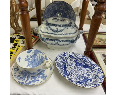 A large Royal Worcester blue and white Chinese dragon cup and saucer plus Booths tureen, Victorian Phoenix plate etcNo damage