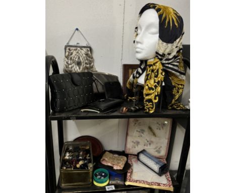 2 shelves of ladies handbags, purses, scarf, hankies, buttons etc