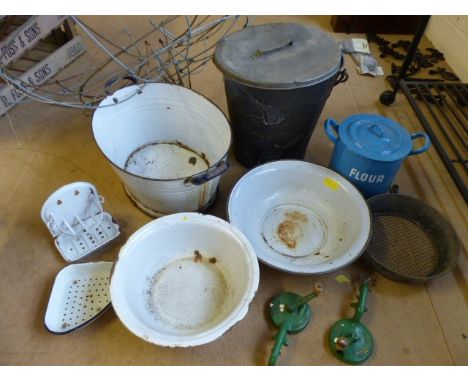 Collection of vintage metal and enamel ware to include buckets, flour tin, kitchen utensils and plant trainer/trellis etc.