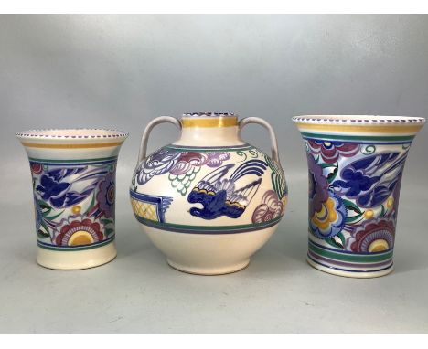 Three Art Deco Poole pottery vases decorated with blue birds