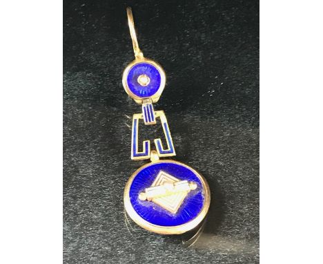 Single but ornate drop earring on Gold coloured metal with seed pearls and starburst blue enamel