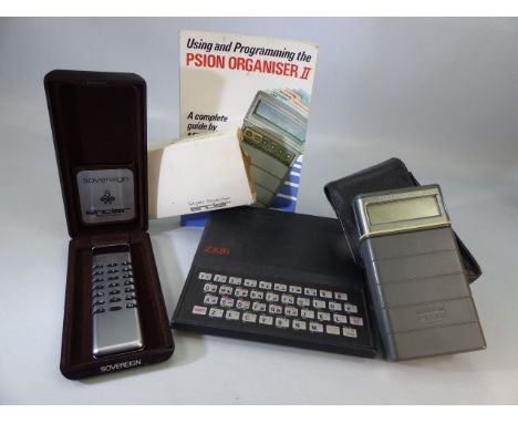 Sinclair, Sovereign calculator in original box with warranty and operation instructions booklet, alongside a Sinclair ZX81 wi