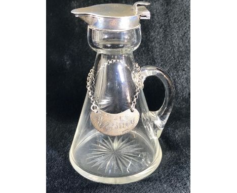 Silver Hallmarked Noggin Glass flask with Silver lid and collar and Hallmarked Silver Decanter plaque reading Whiskey