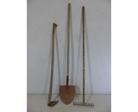Three vintage copper and wood garden tools
