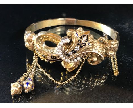 Gold and enamel Renaissance Rival Hinged Bangle set with seed pearls 