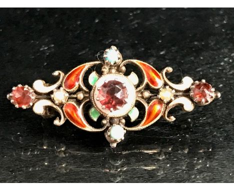 Russian Enamel, Garnet, Seed Pearl and Turquoise Brooch (approx 31mm in length)