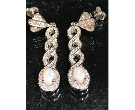 Pair of silver and CZ drop earrings with opal panels in the art deco style