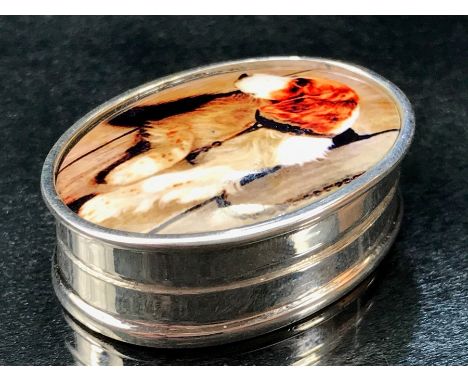 Silver and enamel lidded pill box depicting a dog