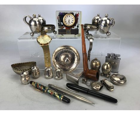 Box of collectables to include pens, silver plate and a pipe