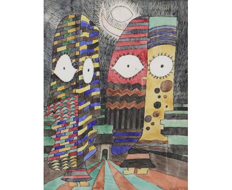 *Basil Ivan Rakoczi (1908-1979)'Heads in a Garden'signed 'Rakoczi' l.r., inscribed as titled on artist's label verso, pen and