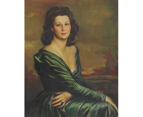 Alexander Saint-Paull (20th century)Portrait of Miss Elizabeth Hanley, three-quarter length seated, in a green dresssigned 'S