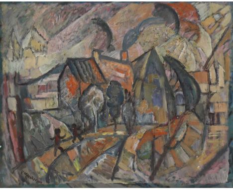 *Elsie Marian Henderson (1880-1967)Houses with figures, 1953signed 'E. Henderson' l.l., oil on board50 x 61cm, unframedProven