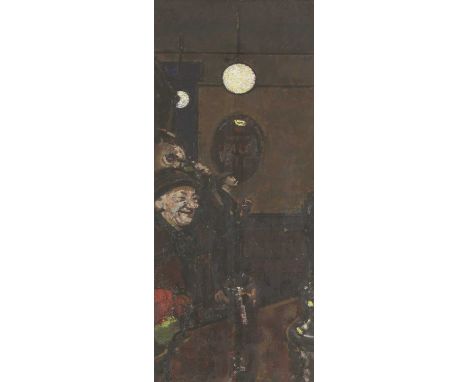 *Ruskin Spear RA (1911-1990)'In The Local'inscribed as titled on artist's label verso, oil on board75 x 29cm*Artist's Resale 