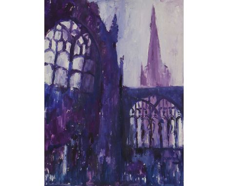 *James Lawrence Isherwood (1917-1989) 'Old Coventry Cathedral' signed 'Isherwood' l.r., inscribed as titled verso, oil on boa